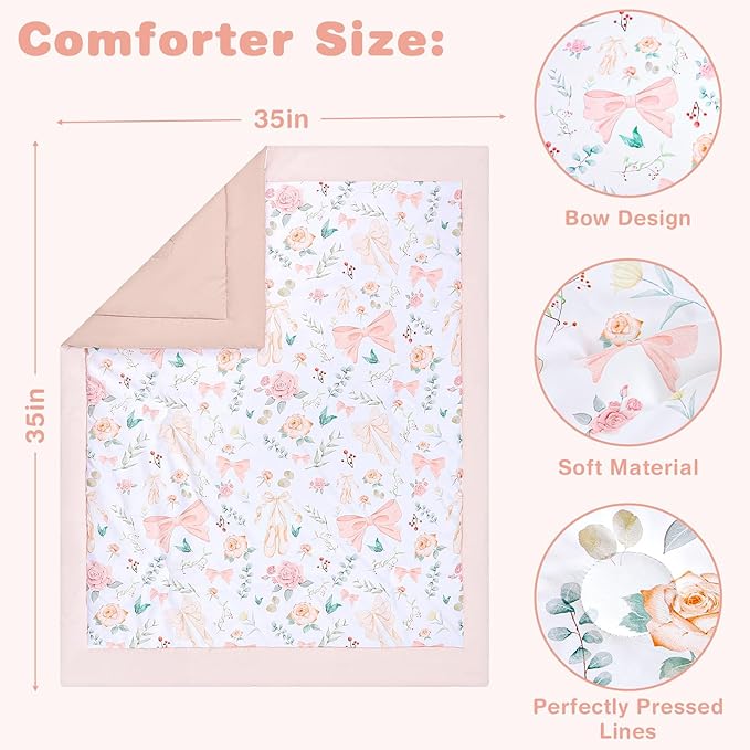GFU Crib Bedding Set for Girls 4-Piece, Bow Baby Girl Crib Bedding Set Pink Flowes, Nursery Sets Includes Comforter, Fitted Crib Sheet, Crib Skirt, and Diaper Stacker