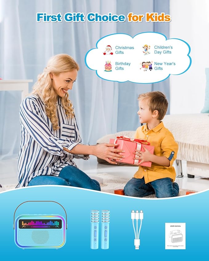 Karaoke Machine for Kids Adults, Birthday Gifts Toys for Girls Boys Age 3-12+,Mini Portable Bluetooth Singing Speaker with 2 Wireless Microphones & LED Lights (Blue)