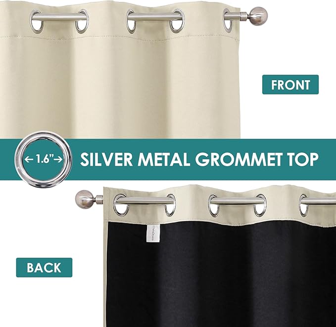 ChrisDowa 100% Blackout Curtains 45 inch Long for Bedroom with Black Liner, 2 Thick Layers Total Blackout Thermal Insulated Grommet Window Curtains 2 Panels Set (Light Beige, 42 x 45 Inch)