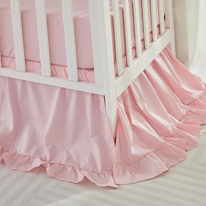 Brandream Farmhouse Crib Bedding Sets for Girls and Boys | 3 Piece Nursery Set Pink Ruffles | Baby Comforter, Fitted Crib Sheet, Crib Skirt Included,100% Cotton Percale