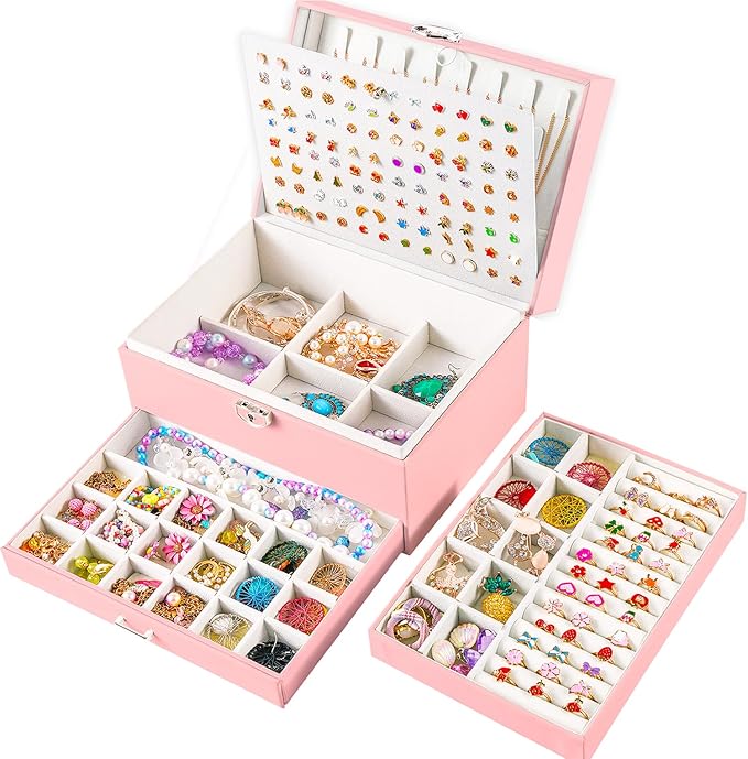 Earrings Jewelry Box for Girls, 5 Layers Jewelry Organizer with Earring Holder Organizer for Girls Earring Organizer Jewelry Boxes for Women Earrings and Necklaces Jewelry Box Organizer Pink