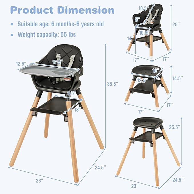 BABY JOY Baby High Chair, 6 in 1 Convertible Wooden High Chair for Babies & Toddlers with Adjustable Legs, Double Removable Tray, Safety Harness & Waterproof PU Cushion (Black)