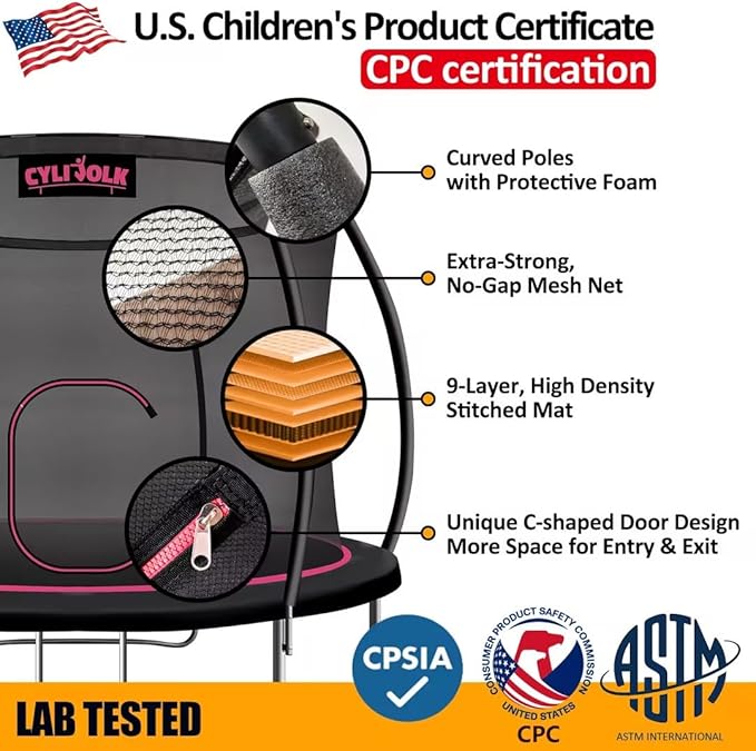 Trampoline for Kids, Heavy Duty Recreational Trampolines Toddler Trampoline with Enclosure Net Ladder Indoor Outdoor Trampoline CPC Approved