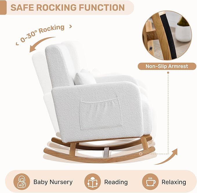Rocking Chair with Ottoman, Upholstered Nursing Glider Rocker with High Backrest and Side Pocket, Comfy Reading Chair with Solid Wood Legs for Nursery/Living Room/Bedroom White