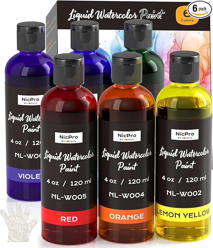 Nicpro 6 Colors Liquid Watercolor Paint Set, 4oz Liquid Watercolor Paint, Vibrant Colors & Non-Toxic Water Colors Painting Supplies for Art Activity, Craft DIY, Poster, School, Home, Classroom, Party