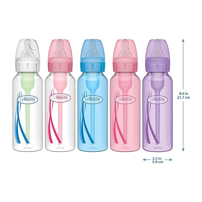 Dr. Brown's Natural Flow Anti-Colic Options+ Narrow Baby Bottle, 8 oz/250 mL, with Level 1 Slow Flow Nipples, 0m+, 4 Pack