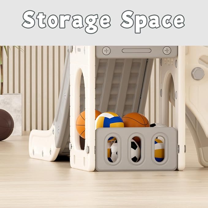 XJD 5 in 1 Toddler Slide, Kids Slide for Toddlers Age 1-3, Outdoor Indoor Playset for Toddlers with Basketball Hoop and Ball, Storage Space and Non-Slip Steps Telescope (Gley)