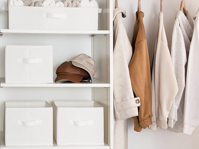 StorageWorks Storage Baskets for Shelves, Foldable Fabric Closet Storage Bins with Handles, Fabric Storage Bins Clothes Organizer, White, 3-Pack, Large