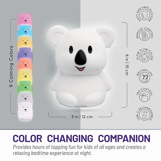 Lumipets Remote Control Silicone Night Light for Kids - Koala Design with 9 Soft Colors & Sleep Timer - Rechargeable, Battery-Operated Lamp for Bedroom | Baby Nursery, Toddler, Girls, Boys
