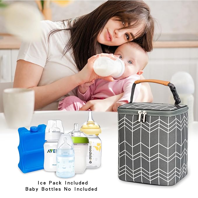 BreastMilk Cooler Bag with Ice Pack Fits 4 Baby Bottles Up to 9 Ounce, Large Baby Bottle Bag Fits for Nursing Mom Daycare