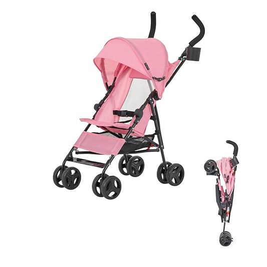 Dream On Me Rover Convenience Baby Stroller in Pink, Lightweight & Compact Umbrella Stroller, Easy one-Hand fold Travel Stroller, Lockable Rear Wheels, Removable & Adjustable Canopy