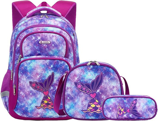 Cusangel Purple Mermaid 3pcs Set with Lunch Box Pencil Case,Multi Compartment Backpack, Dinosaur Backpack Chest Strap Side Pockets 16 Inch