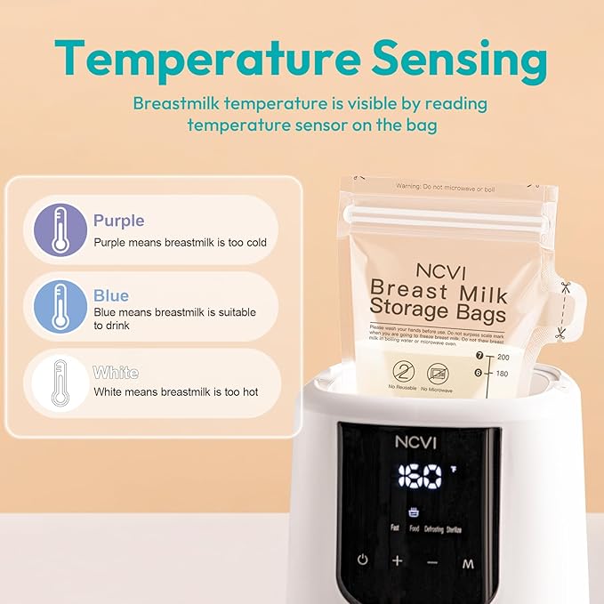 NCVI 25 Count Breastmilk Storage Bags Freezer for Baby, Breast Milk Feeding Bag with Temp-Sensing, Doubled-Sealed, Self Standing, Easy Pour Spout, BPA-Free, 7oz