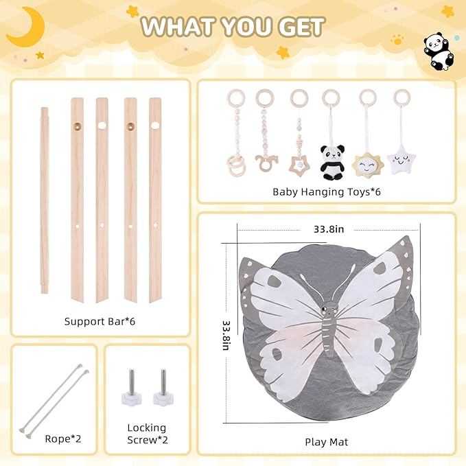 Wooden Play Gym with Mat, Foldable Baby Activity Gyms for Infants Newborn Baby Girl and Boy, Tummy Time Baby Infant Toys 0-6 6-12 Months (Gray)