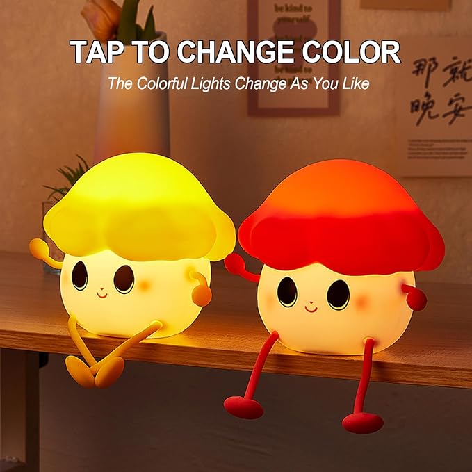 Mushroom Night Light for Kids, Cute Silicone Night Light, 7 Adjustable Color Breathing Mushroom Lamp, Rechargeable USB LED Touch Light for Children's Room Decor, Christmas Birthday Gift (Red)