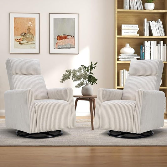 CANMOV Swivel Rocker Chair Set of 2, Swivel Accent Chair with High Back and Arms, Corduroy Glider Chair for Living Room Bedroom Nursery, Beige