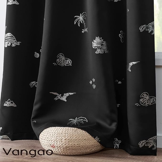 Vangao Kids Curtains Black Blackout Dinosaur Curtains for Boys Kids Nursery Girls Room Silver Dino Foil Print Thermal Insulated Drapes Grommet Top Window Treatments 63 Inches Length 2 Panels