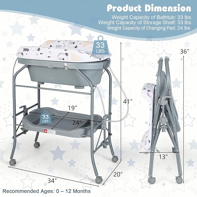 HONEY JOY Baby Changing Table with Bathtub, Foldable Infant Diaper Changing Station with Wheels, Storage Tray, Waterproof Pad, Portable Newborn Nursery Organizer Bath Stand for Boys Girls (Gray)