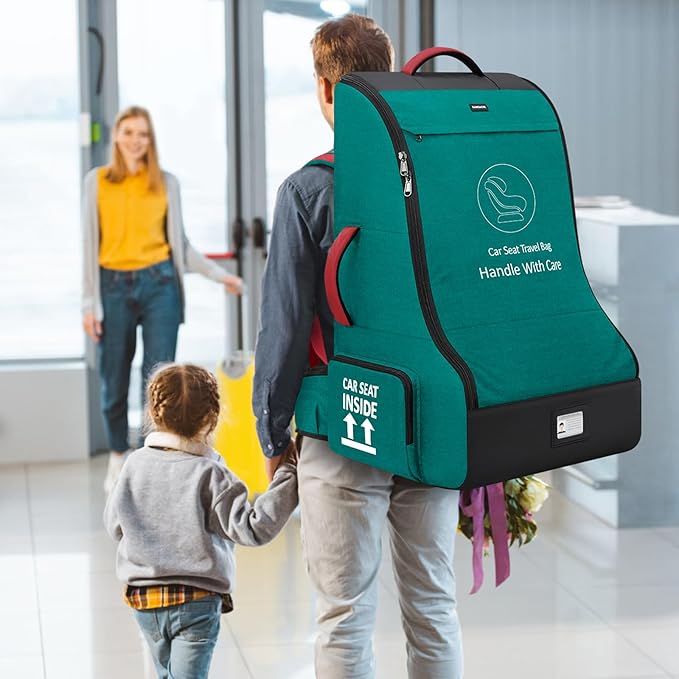 RAINSMORE Padded Car Seat Travel Bag for Airplane Heavy Duty Car Seat Backpack for Air Travel Baby Carseat Cover Bags for Airport Large Car Seats Carrier Fits Car Seats & Booster Seats, Green