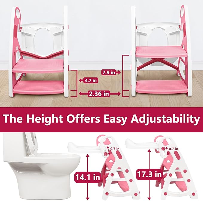 Potty Training Seat: 2 in 1 Design Potty Seat for Toilet & Nursery Step Stool for Sink Potty Training Toilet with Height Adjustable Ladder for Kids of All Ages (Pink)