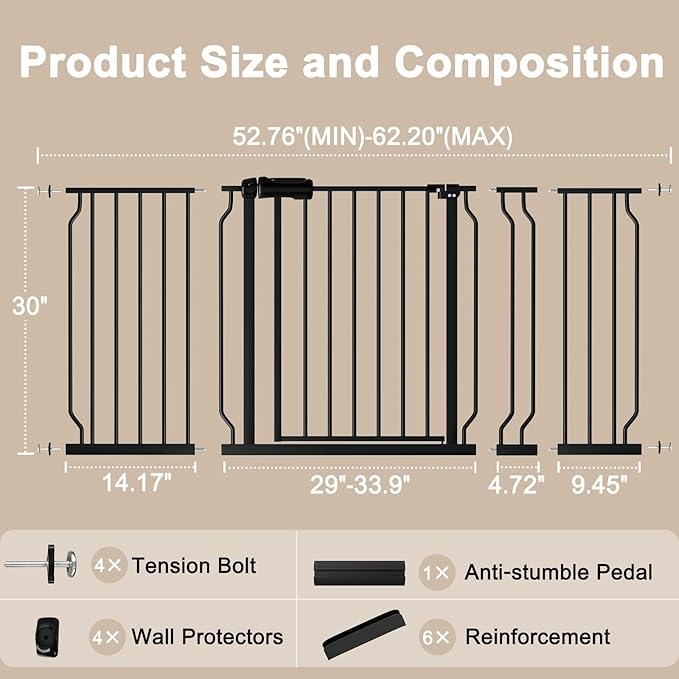 WAOWAO Baby Gate 52.76-62.2" Extra Wide Pressure Mounted Walk Through Swing Auto Close Safety Black Metal Toddler Kids Child Dog Pet Puppy for Stairs,Doorways,Kitchen