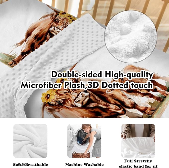 Personalized Nursery Crib Bedding Set: Custom Name Yellow Floral 5 Piece Baby Crib Sets with Highland Cattle Design - Toddler Double Layer Blanket Set, Comfortable Crib Bed Sheets for Baby Grils