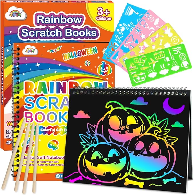 ZMLM Scratch Paper Art-Crafts Gift: 2 Pack Rainbow Notebooks Supplies Toys for 3 4 5 6 7 8 9 10 Years Old Girls and Boys Kids Halloween Birthday Party Games