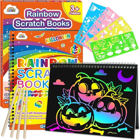ZMLM Scratch Paper Art-Crafts Gift: 2 Pack Rainbow Notebooks Supplies Toys for 3 4 5 6 7 8 9 10 Years Old Girls and Boys Kids Halloween Birthday Party Games