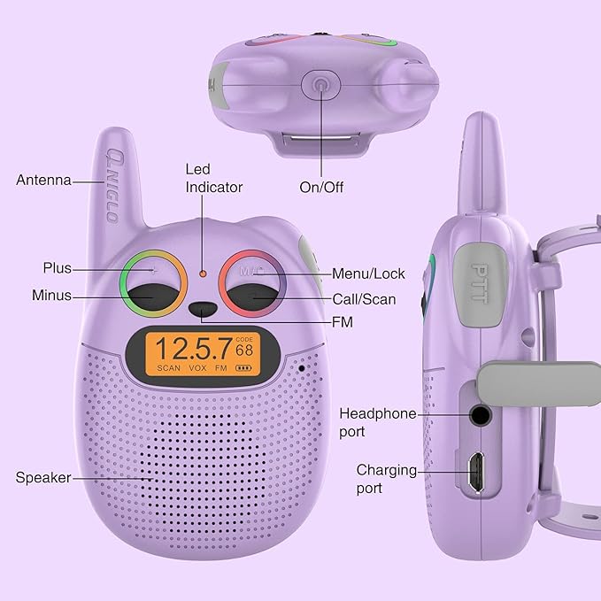 Qniglo Kids Walkie Talkies Rechargeable, Gifts for 3-12 Year Old Girls & Boys, Walkie Talkies with FM Radio, Adventure Camping Games, Best Christmas & Birthday Toys - 3 Pack