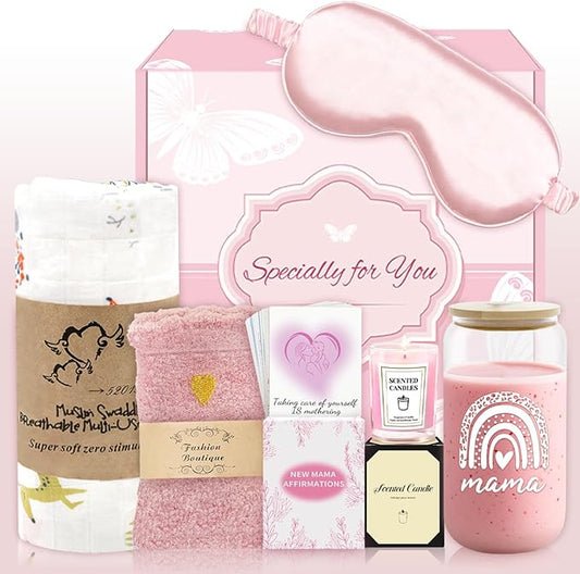 New Mom Gifts, 6 Pcs New Mom Care Package After Baby, Postpartum Gifts for Mama, Pregnancy Gift for Expecting Mother, First Time Mothers Day Gift for New Moms with 16 Oz Glass Cup, Eye Mask