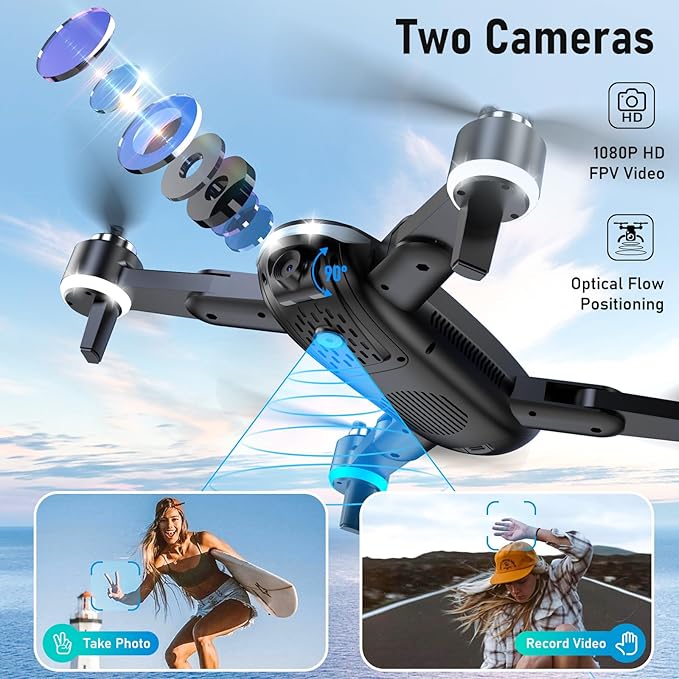 Drone with Camera, 1080P HD FPV Foldable Drone with Brushless Motor Optical Flow, One Key Take Off/Land, 360° Flip, Waypoint Fly, Gesture Selfie, 2 Batteries, Mini Drones for Kids 14+