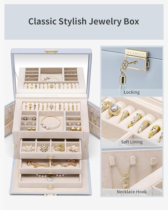 Vlando Jewelry Box for Girls, 4-Tier Jewelry Organizer with Lock, Mirror Jewelry Box for Earring, Ring, Necklace and Bracelets - Blue