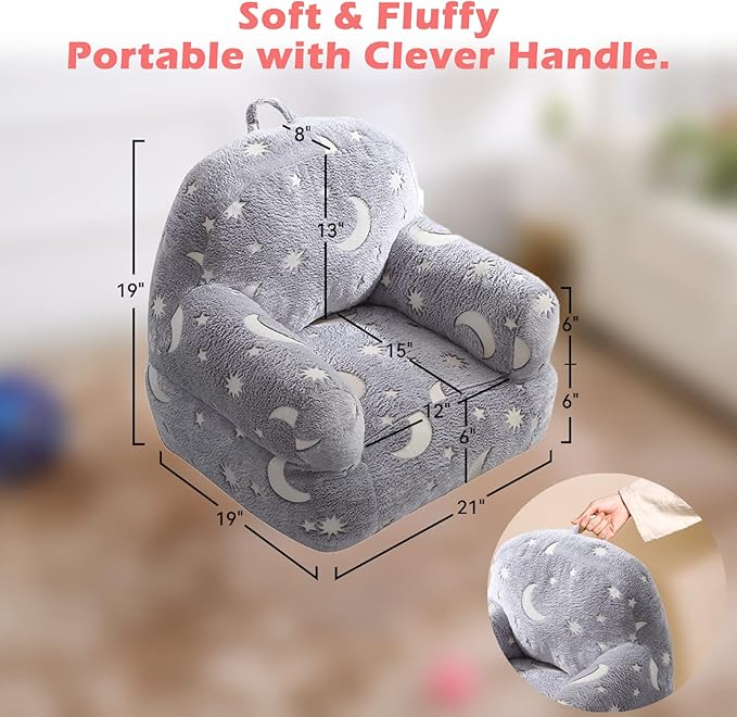 Toddler Chair, Glow in The Dark Kids Sofa Bean Bag Chair for Kids Children Couch Toddler Mini Sofa Armrest for Children, Lightweight Children Sofa(Moon Grey)