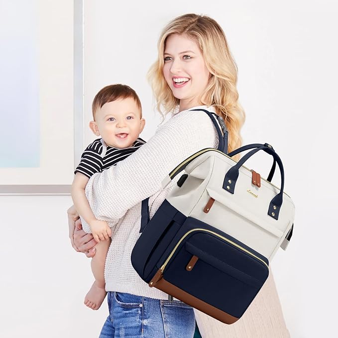 LOVEVOOK Diaper Bag Backpack, Baby Bag with Changing Station, Large Diaper Backpack for Mom Dads, Waterproof Leather Mommy Bag for Boy and Girl, Travel Essential Baby Shower, Navy Blue-Beige