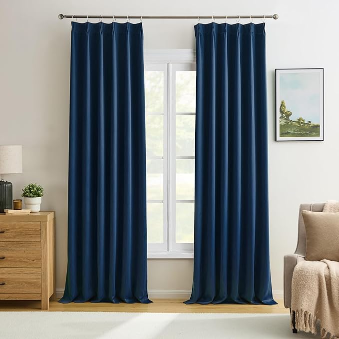 KEQIAOSUOCAI Pinch Pleated Curtains 100 Inches Long 2 Panels Set, Thermal Insulated Blackout Room Darkening Curtain for Bedroom,Window Draperies with Hooks(Navy Blue,40x100-inch)