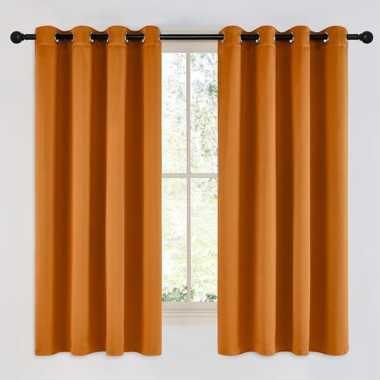 NICETOWN Room Darkening Orange Curtains 63 inches Long - Grommet Faux Silk Thermal Drapes Light Reducing Energy Saving Privacy Window Treatments for Bedroom, 2 Panels, W52 x L63