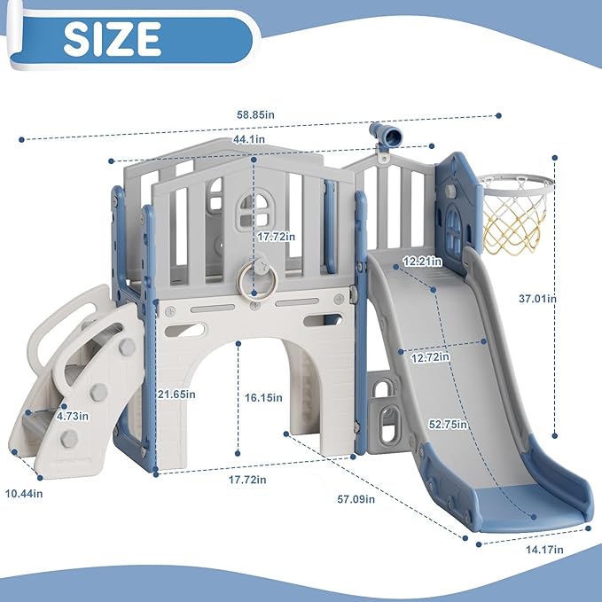 YUFU 8 in 1 Toddler Slide Set, Kids Slide for Toddlers Age 1-3, Toddler Playset with Climber, Basketball Hoop and Ball, Outdoor Indoor Playground for Toddlers 1-3 (Blue+Gray)