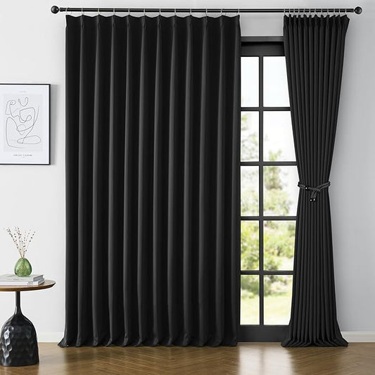 KEQIAOSUOCAI 80 Inch Wide Black Pinch Pleated Curtains 80 x 96, Thermal Insulated Noise Cancelling Living Room Office Drapes 96 Inches Long, Patio Sliding Glass Door Window Curtain 2 Panels