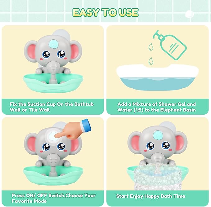 Baby Bath Toys, Magnetic Charging Music Bath Bubble Machine, Elephant Bubble Maker for Kids Ages 1-3 4-8, Toddler Bathtub Toy Gift for Boys and Girls (Grey)