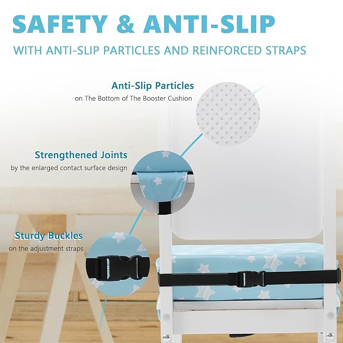 Booster Seat for Kitchen Chair with Adjustable Straps, Toddler Booster Seats for Dining Table Portable for Travel Camping Eating, Booster Cushion for Table for Baby Child Infant Kid Boy Girl