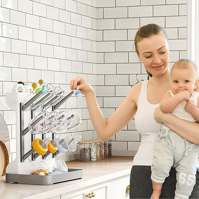GoMaihe Baby Bottle Drying Rack: Space Saving Vertical Bottle Dryer Holder - Baby Accessories Storage Stand Organize Brushes Pacifiers on Countertop - BPA-Free - Gray