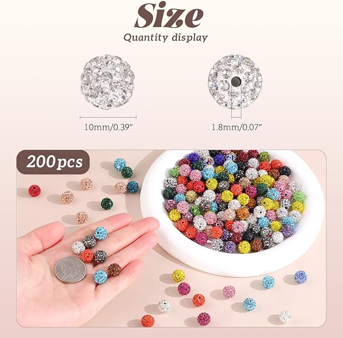 200pcs 10mm Rhinestone Beads for Jewelry Making, Light Peach AB Shiny Round Disco Beads Bulk, Sparkle Crystal Clay Christmas for Bracelet Baseball Necklace Earring Crafting and DIY