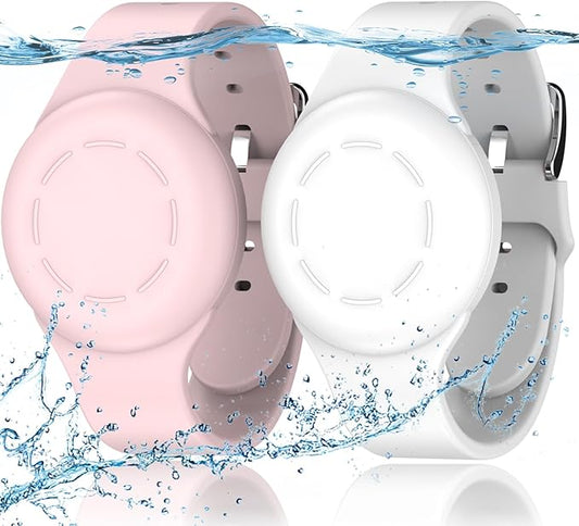 R-fun Waterproof for Air Tag Bracelets [2 Pack] Compatible with Apple Air Tag Finders with Soft Silicone,Anti Lost GPS Item Finders Case Cover,White/Pink