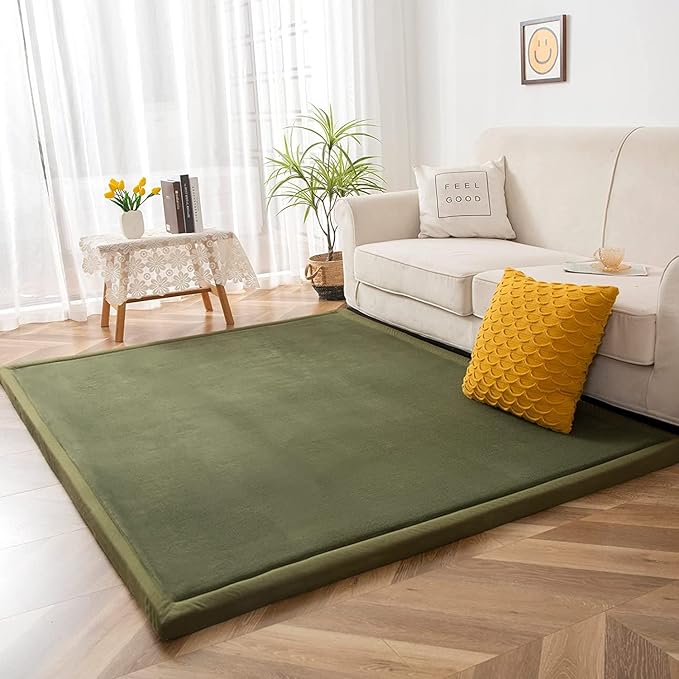 MAXYOYO Baby Play Mat, 1.2" Thick Memory Foam Soft Padded Carpet with Non-Slip Backing, 3x5 ft Japanese Tatami Rug Living Room for Kids, Toddler, Children, Nusery(Olive Green)