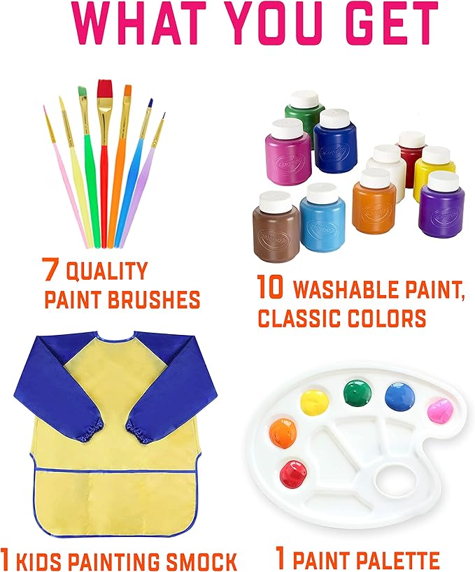 Kids Painting Set, Washable Paint for Kids 10 Colors, 7 Paintbrushes, Paint Palette, Painting Smock, Non Toxic Tempera Paints 2 oz Each,Paints for Toddlers Gifting Bundle Art, Crafts