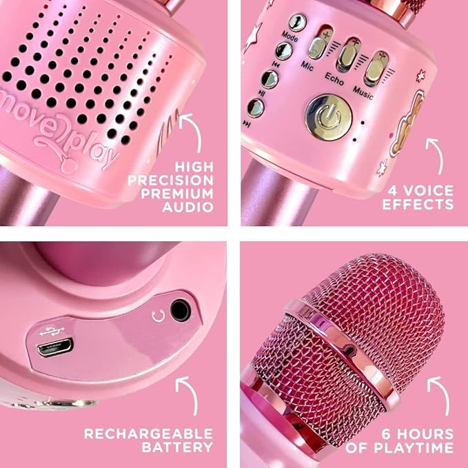 Move2Play, Kids Karaoke Microphone | Includes Bluetooth & Pre-Loaded Songs | Birthday Girls Present for All Ages, 2, 3, 4, 5+ Year Old Girls, Boys & Toddlers (All Pink)