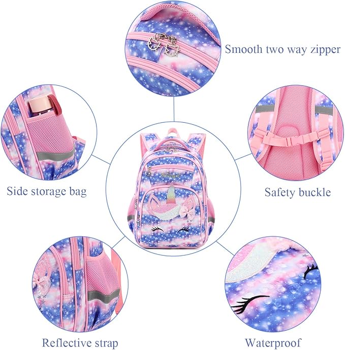 Cusangel Girls Backpack with Lunch Box Pencil Case,Cute Multi Compartment Preschool Elementary Primary Backpack for Girls Sky Unicorn 3pcs Backpack for Girls