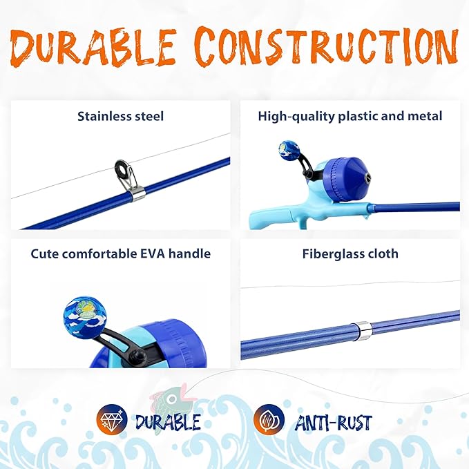 Kids Fishing Pole, Telescopic Fishing Rod, Toddler Collapsible Fishing Rod and Reel Combo with Tackle Box, Fishing Line, Bobber, and Soft Lures for Boy, Girl, Youth, Beginner, Over 4 Years Old