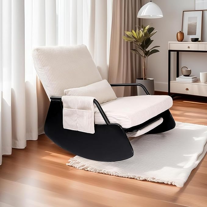 Rocking Chair for Nursery, Modern Upholstered Plush Seating Glider Recliner Chair with High Backrest and Side Pocket, Accent Armchair with Cushions for Living Room/Reading (Beige)