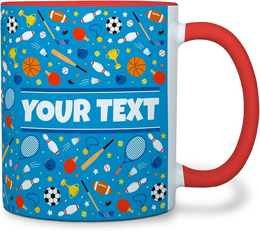 Personalized Mug for Kids - Sports - Custom Name/Text, Ceramic Hot Chocolate/Cocoa/Coffee Cup for Boys/Girls, Birthday/Christmas/Holiday Gift - 11 oz, Red Handle